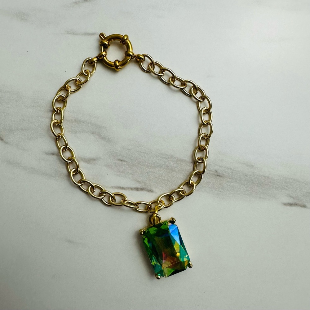 Handcrafted Gold Tone Bracelet w/ Iridescent Gemstone Pendant | 7” - Picture 7 of 13